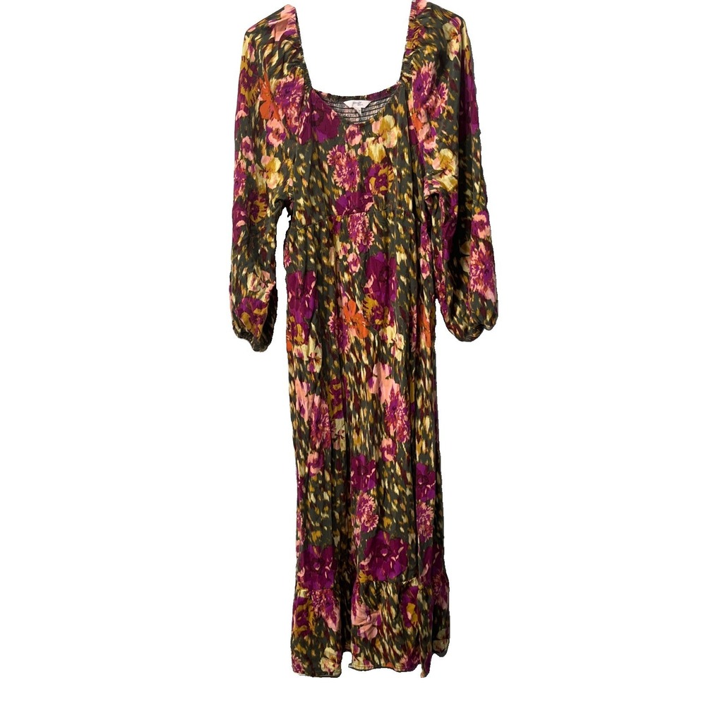 Terra & Sky Dress Womens 1X Multi Floral Ikat Smocked‎ Maxi Boho Balloon Sleeve
